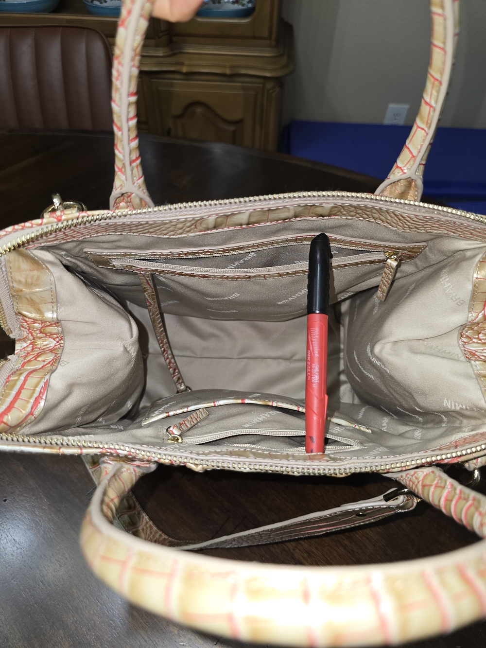 Brahmin Croc-Embossed Cream with Pink Accent Satchel - Picture 7 of 12